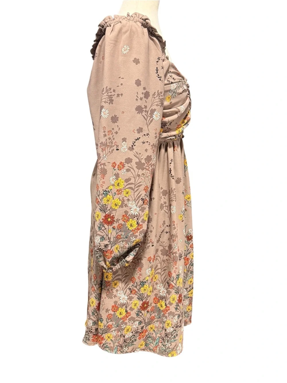 Maurices Babydoll Floral Taupe Dress Size S Milkmaid Puff Sleeve Garden Party